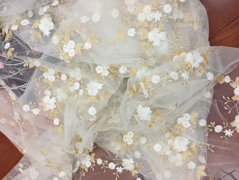 1 yd 3D Pearl Flower Čipky Textílie v Gold dvore pre Kvetina Dievča Šaty,3D Kvet Nášivka Pearl pre Victoria Šaty