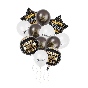 12pcs 2021 Šťastný Nový Rok Balóny Nastaviť Čierne Zlato Ohňostroj Balón Poďme Party na Zdravie List Latexový Balón Sequin Zmes