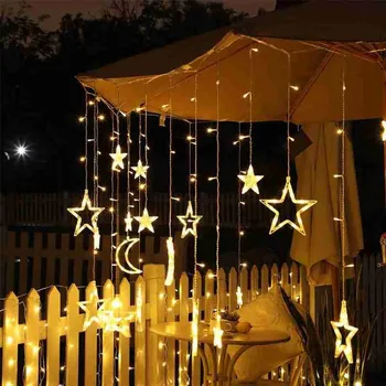 138LED Opony Svetlá na Vianočné Vlkovcový LED Svetlo, Hviezdy, Mesiac Rozprávkových Svetiel Garland Garden Party Dekor String Lampa Opony Svetlá