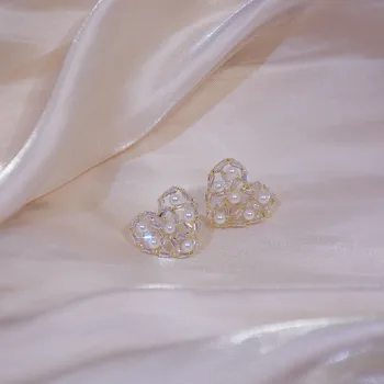 14k Reálne Pozlátené Módne Šperky Crystal Pearl Duté Láska Nádherné Stud Náušnice pre Ženu Dovolenku Strany Elegantné Náušnice