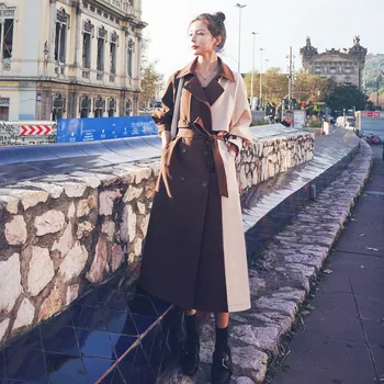 2020 Elegantné dámske Farby Zodpovedajúce Windbreaker Jar Jeseň kórejský Voľné Dlhý Kabát Plus Veľkosť British Zákopy Srsti S Pásom 2188