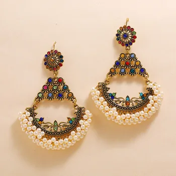 2020 Indické Zlato Ručné Pearl Vyryté Kvet Farebné Drahokamu Thajsko Piercing, Náušnice Vyhlásenie Fashion Party Šperky
