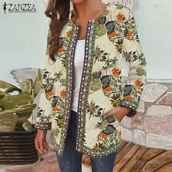 2021 ZANZEA Vytlačené Blejzre Kaftan Ženy Kvetinový Coats Bežné Dlhý Rukáv Outerwears Žena Otvoriť Stich Vesty Plus Veľkosť Tunika