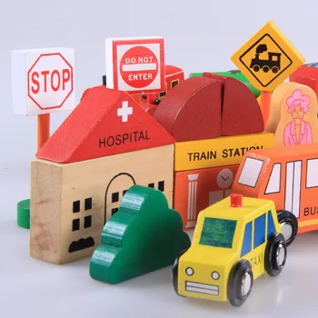 32PCS Mestskej Dopravy Stavebné Bloky Deťom Drevené Hračky Magnetické Spojenie Vlak Modely Dreva Vrstvenie Bloky Detské Vzdelávacie Hry