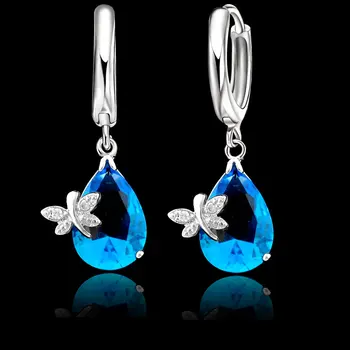 925 Sterling Silver Elegantné Modré Kvapka Vody Tvar Zirkónmi S Butterfly Šperky Sady Pre Ženy, Svadobné Šperky