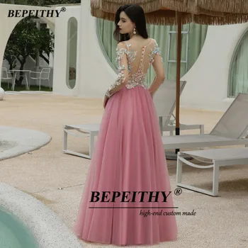 BEPEITHY Ružová Tylu Večerné Šaty Party Šaty Pre Ženy O Krk 3D Kvety Sexy Dĺžka Podlahy Prom Šaty Plné Rukávy 2020 Nové