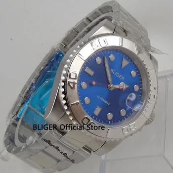 BLIGER 40 mm, modrý ciferník rámu pánske hodinky svetelné značky zafírové sklo MIYOTA automatický pohyb náramkové hodinky mužov
