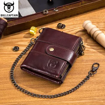 BULLCAPTAIN Originálne kožené pánske peňaženky mincu kabelku kompaktný mini držiteľa karty rfid blokovanie peňaženky reťazca zmes peňaženky je