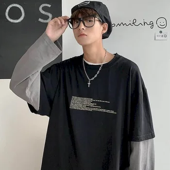 Bavlna jeseň falošné dvoch-dielny pánske s dlhým rukávom t-shirt mužských študentov kórejský štýl voľné módne oblečenie, doplnky, mládež pánske oblečenie
