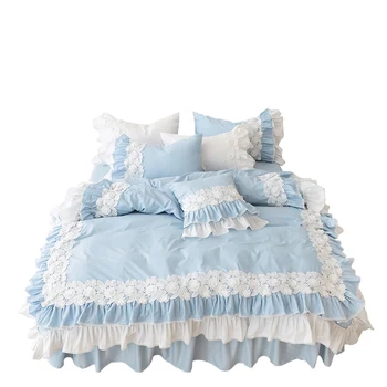 Bavlnená Posteľná Bielizeň Sady King Size Modrá Perinu Posteľ Sukne obliečka na Vankúš pre Princezná Izba kórejský Čipky posteľná bielizeň Nastaviť Luxus