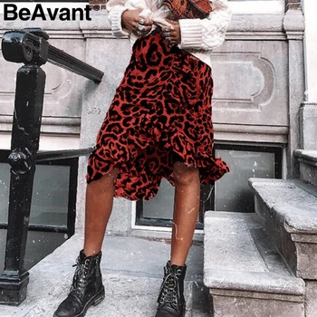 BeAvant Leopard tlač červená zimné sukne dámske elegantné Volániky morská víla midi sukne 2018 Zips šifón nepravidelný vysoký pás sukne