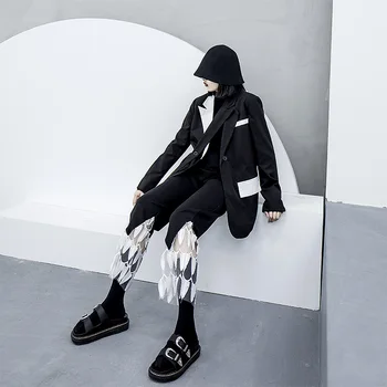 CHEERART 2020 Black Fashion Nohavice Ženy Nohavice Vysoký Pás Rovné Nohy Dlhé Nohavice Patchwork Oka Dizajnér Nohavice