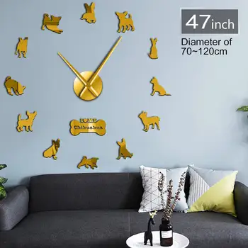 Chihuahua 3D DIY Stlmiť Akrylátové Nástenné Hodiny Šteňa Plemien Psov Wall Art Decor Hodiny Hodinky Pug Zvieratá Samolepiace Tvorivé Zobraziť