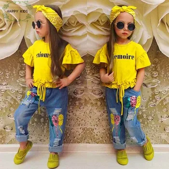 DTZ310 Dievčatá vyhovovali 2020 Lete list Dievčatá Oblečenie Set sa Motýľ Rukáv žltá písmeno T-shirt+ sequin Džínsy 3ks Dievčatá oblečenie