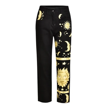 DUUTI 2020 Vintage Vysoký Pás Rovné Džínsy, Nohavice pre Ženy Sun Moon & Hviezdy Tlač Streetwear Voľné Žena Denim Džínsy Dámy