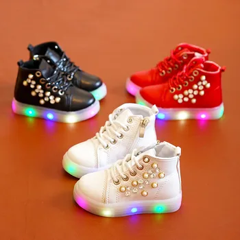 Deti, dievčatá topánky ploché podpätky čipky módne bežné deti dievča, led svetlo, topánky flash crystal pearl topánky, topánky biela červená ružová