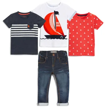 Detské oblečenie sady Letné Baby boy oblek, biela loď t-shirts+červená t-shirts+Loď tlačiť t-shirt+džínsy bavlna deti 4pcs oblek