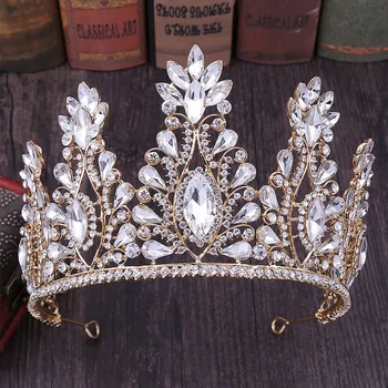 FORSEVEN Barokový Luxusné Crystal Drahokamu Duté Zlatá Farba Korunky Tiaras Headpiece Svadobné Svadobné Vlasy, Šperky, Doplnky