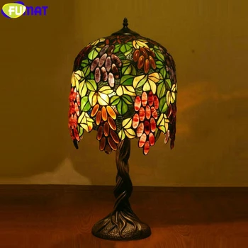 FUMAT Tiffany Štýle vitráže Slnečnice Hrozna Odtiene Medi Mozaiky Beses Zdobia Stolové Lampy, LED Stolná Lampa Klasického Svetlá