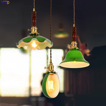 IWHD Nordická Zelená Sklenený Prívesok Svetlá, Svietidlá, Japonskom Štýle, Spálňa, Obývacia Izba, Dreva, Medi Vintage Lampa Visí Svetlo LED