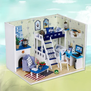 IiE VYTVORIŤ domček pre bábiky Q009 Tmavo Modrá Sen Miniatrue DIY Kit So Svetlami A Protiprachový Kryt