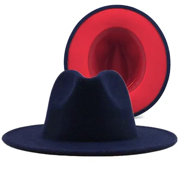 Jednoduché Navy s červeným Spodnej Patchwork Panama vlnená Plsť Jazz Fedora Klobúky Ženy Muži Široký Okraj Strany, Kovboj plstený klobúk Gambler Hat