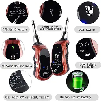 K380C Nabíjateľná 5 Účinky Bezdrôtové Elektrické Gitary, Vysielač, Prijímač, Nastavte Bluetooth prijímač Gitarové Príslušenstvo