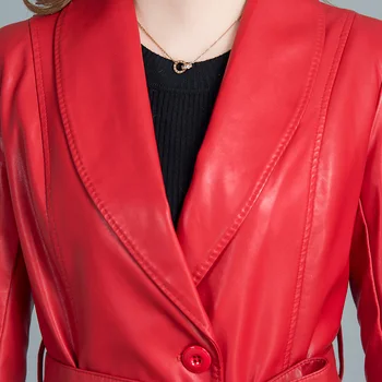 Kabát jar dámy Pu kožené sako strednej dĺžky jeseň fashion motocykel kožené windbreaker black red ženy nad kolená