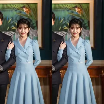 Kpop IE Lee Ji Eun party fashion modrá slim krátke Cardigan bundy kabát+elegantné Vysoký pás koleno-dĺžku sukne 2 dielna sada ženy