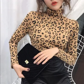 Leopard T-shirt kórejská verzia jesenné a zimné nové Tenkým dlhým rukávom plus velvet hrubé vysokým hrdlom tričko tričko ženy