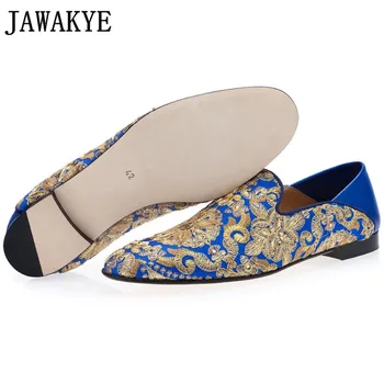 Luxusné zlaté výšivky ženích formálne šaty, topánky sklzu na mokasíny pánske modré tkaných topánky mužskej strany topánky