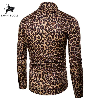 Mens Trend Nočný Klub Leopard Tlač Tričko Kvalitné Tričko S Dlhým Rukávom Muž Sociálne Bežné Party Tričko Košieľka Homme Košeľu