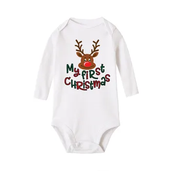 Môj roztomilý 1. Vianočné Tlač Novorodenca Dievča Oblečenie od 0 do 18 Mesiacov Bavlna Baby Kombinézu Dlhý Rukáv Biele Onesie