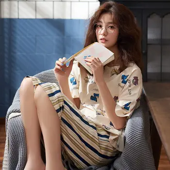 Pajama Sady Ženy Teľa-dĺžka 2XL kórejský Štýl Jednoduché Tlačené Sleepwear Kawaii Študentov Voľné Voľný čas Kvalitné Dámske Elegantné
