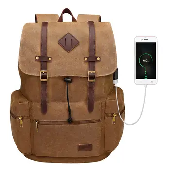 Plátno Kožené Laptop Backpack S USB Nabíjací Port Prima Fashional Hnedý Batoh Pre Unisex Ulici Populárne Daypack