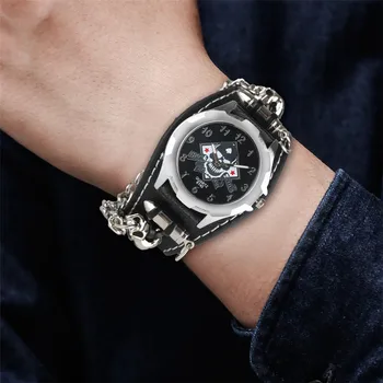 Punk Čierny Lebkový pánske Hodinky Quartz Steampunk Kožené Náramkové hodinky pre Mužov reloj masculinom Dropshipping