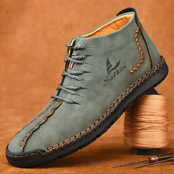 Ručné šitie Zimné Mužov Topánky Kožené Patent Náradie Členkové Topánky Modré Vonkajšie Jeseň Hombres Botas Mužov Bežné Kožené Topánky
