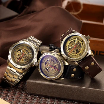 SHENHUA Hodiny Mužov Retro-Bronz Prípade Náramkové hodinky Muž Automatické Mechanické Kostra Vintage Hodinky Náramkové Hodinky Relogio Masculino