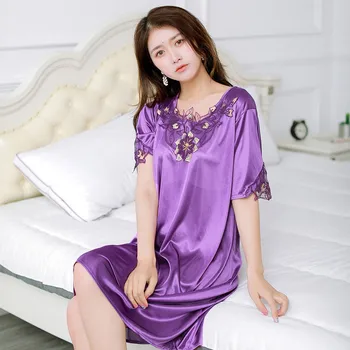 Sexy Ženy Nightdress Sleepwear Kvetinový Tlač Ice Slik Tenký, Krátky Rukáv Čipky Mini Nightdress Bielizeň 2019 Nové Nightgown