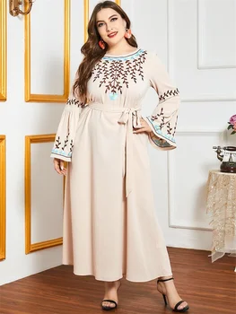Siskakia Jeseň 2020 Maxi Šaty pre Ženy, Plus Veľkosť O Krk Svetlice Dlhý Rukáv Etnických Kvetinové Výšivky Voľné arabské Moslimské Oblečenie