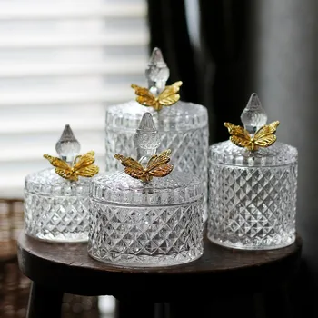 Sklo skladovanie nádoba s vekom pierko/motýľ dekor diamond design šperky jar úložný box kozmetické prachotesný box
