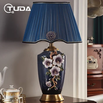 TUDA 40x68CM Európskej Luxusné Smalt Keramické Stolové Lampy, Obývacia Izba, Spálňa, Nočné Lampy Americký Dekor Kvet Keramická Lampa