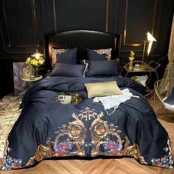 Ultra Mäkké Egyptskej Bavlny Námornícka Modrá posteľná bielizeň nastaviť Kráľovná King size 4/7PCS Premium Výšivky Perinu Posteľ List Vankúš shams
