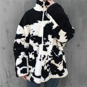 Voľné Teplé Jesenné Zimné Oblečenie 2020 Módne ovčej vlny Coats Ženy Krava Tlač Bunda Streetwear Zips Harajuku Kabát Žena SL83