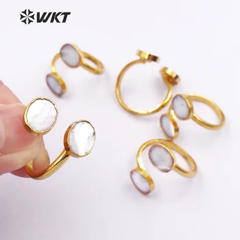 WT-R299 WKT 2018 Nové 24K Kov elektrolyticky pokrývajú Nastaviteľné Krúžky Oválny Tvar Elegantné Biele Shell Ženy Šperky