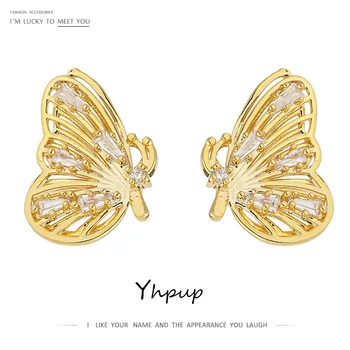 Yhpup Prekrásny Motýľ Stud Náušnice Jemné Lesklé Cubic Zirconia Elegantné Náušnice Zlaté Kovové kolczyki Šperky Darček 2020