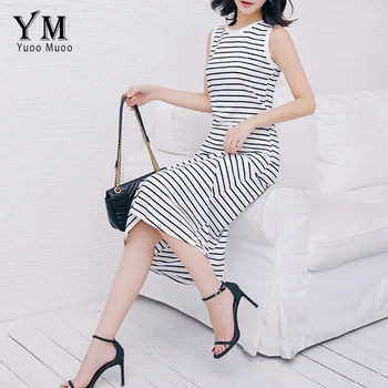 YuooMuoo Plus Veľkosť 2019 Dlhé Letné Ženy Šaty Elegantné Biele Čierne Pruhované Bežné Maxi Nádrž Šaty Linky Plážové Šaty Streetwear