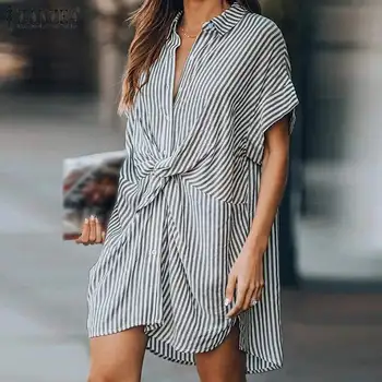 ZANZEA dámske Šaty 2021 Lete Sexy Tričko Šaty podkolienok Vestidos Bežné Prekladané Sundress Office Tlačidlo Šaty Plus Veľkosť 5XL
