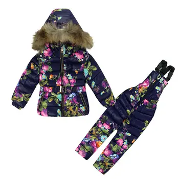 Zimné Oblečenie Set pre Dievčatá Kvety Dole Kabát +Trakmi Vyhovuje Teplé Vetru Snowsuit Batoľa Deti Lyžiarske Oblek Sintepon T02