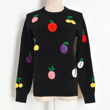 Zimný Sveter 2020 Ženy okolo Krku Farebné Ovocie Výšivky Voľné Pulóver Módne Pletené Svetre knitwear